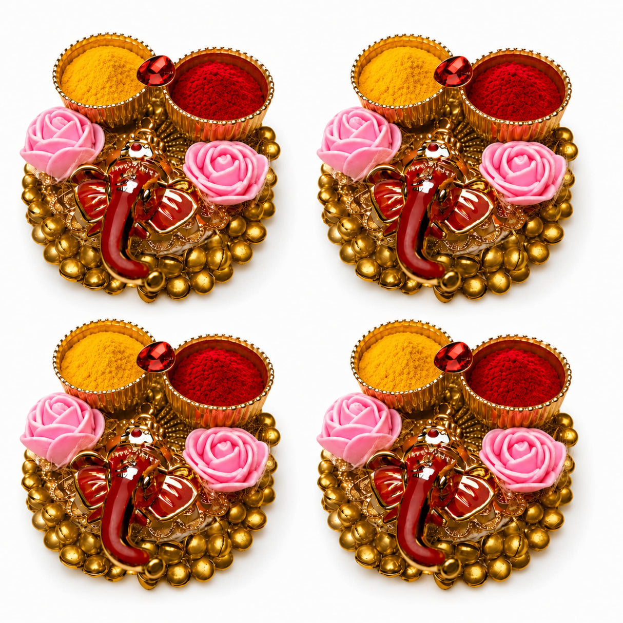 Golden Ganesha-themed decorative powder holder with pink rose accents and red yellow haldi sindoor bowls for pooja