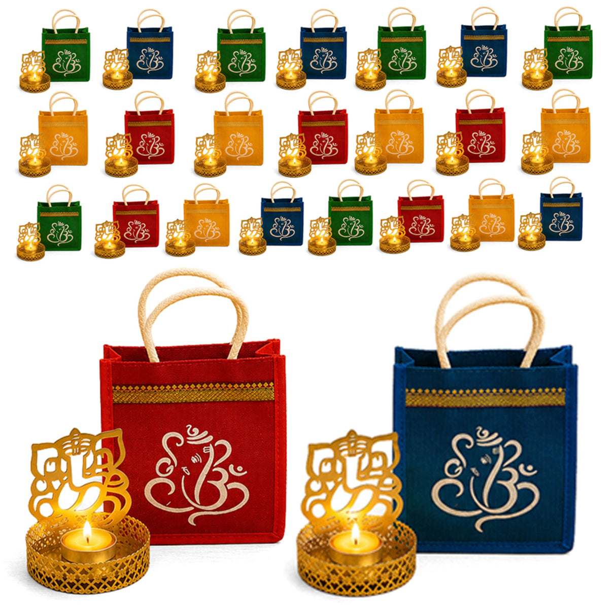 Ganesha gift hamper with red and blue jute bags featuring gold trim and rope handles paired with golden candle holders
