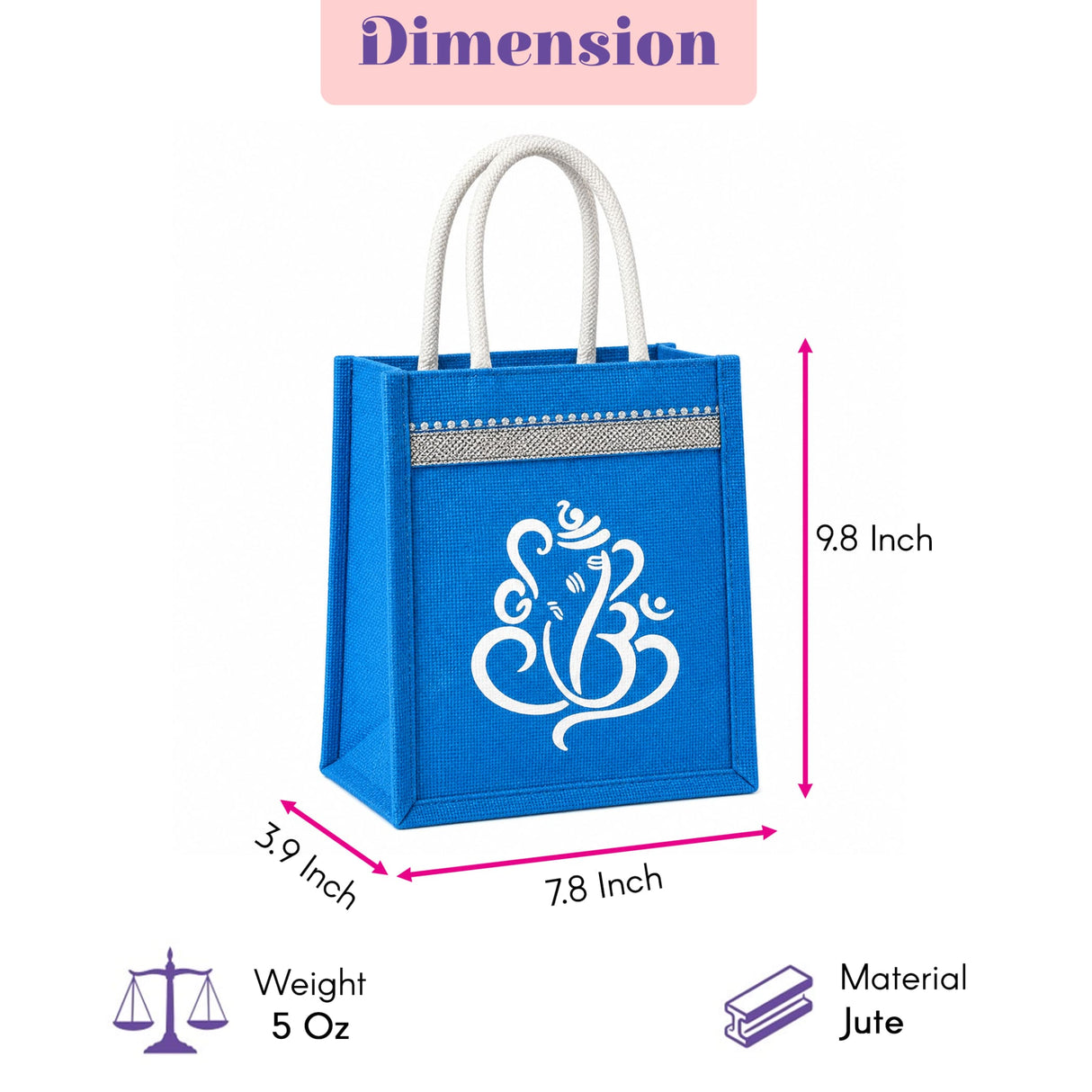 Blue jute tote bag with white Ganesha design and silver beaded trim ideal for Hindu religious and festive gift hampers