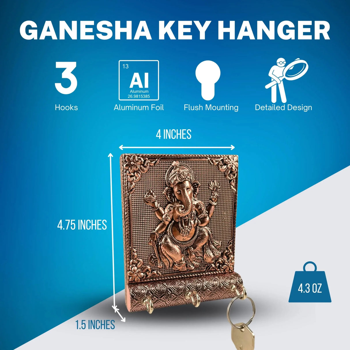 Lord Ganesha Key Holder Home Decor Key Hooks for Wall Hanging Hand Crafted Decorative Showpiece Key Organizer Office Entryway Hallway Living Room Wall Mounted with 3 Hooks Housewarming Gift - LoveNspire