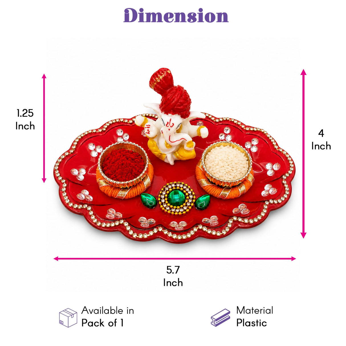 Red plastic ganesha haldi kumkum holder thali with scalloped edges, rhinestones, and green gemstones for pooja gifts