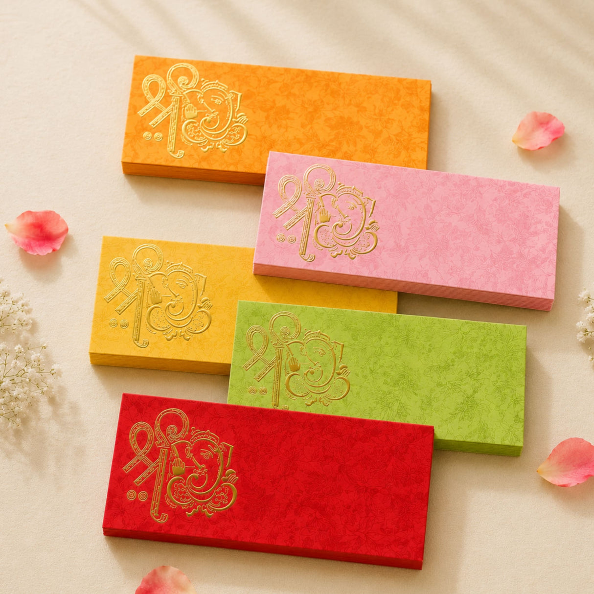 Colorful rectangular money envelopes in orange pink yellow green and red with gold-embossed ganesha design for indian weddings and gifts