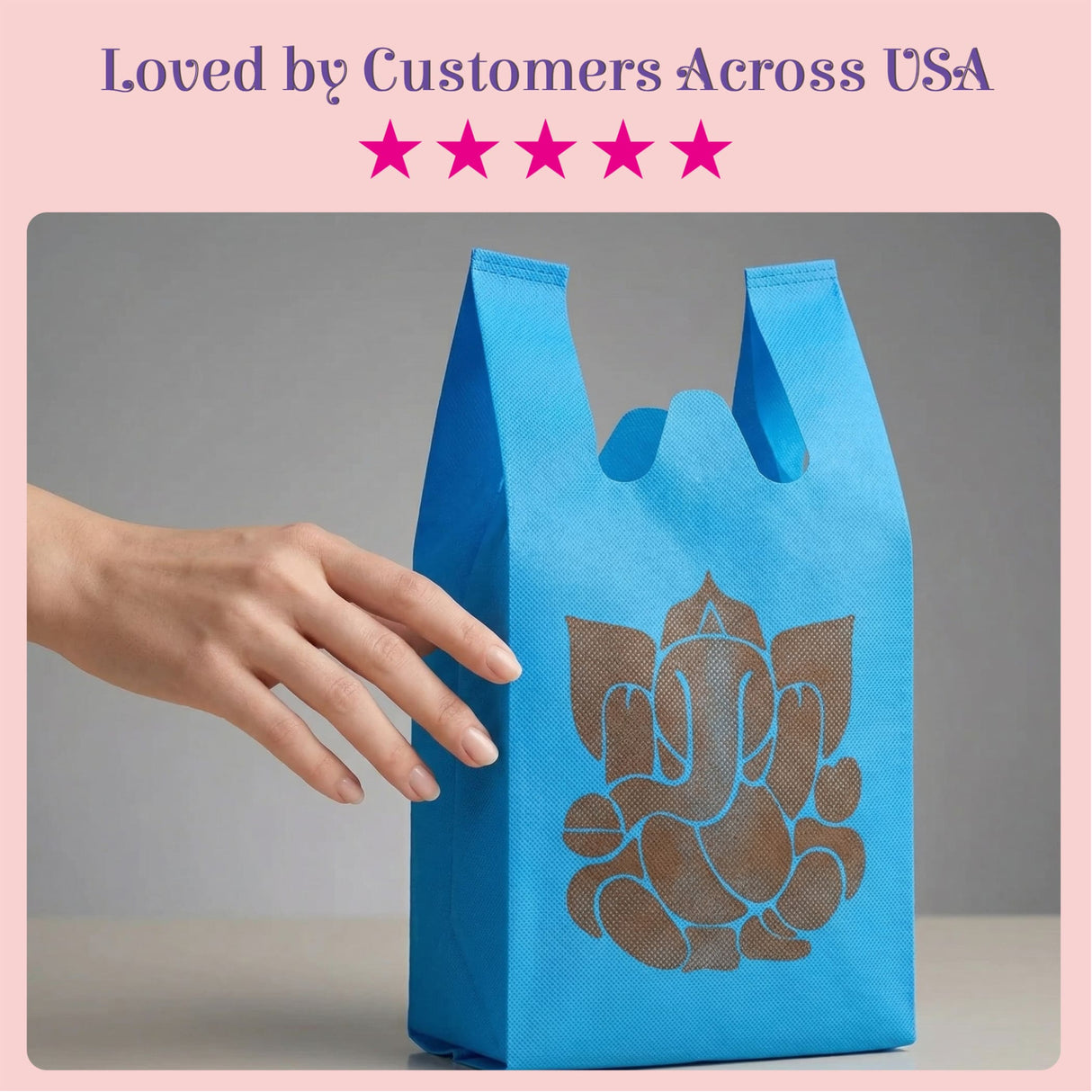 Blue non woven reusable shopping bag with brown ganesha print for Indian wedding puja and housewarming gifts