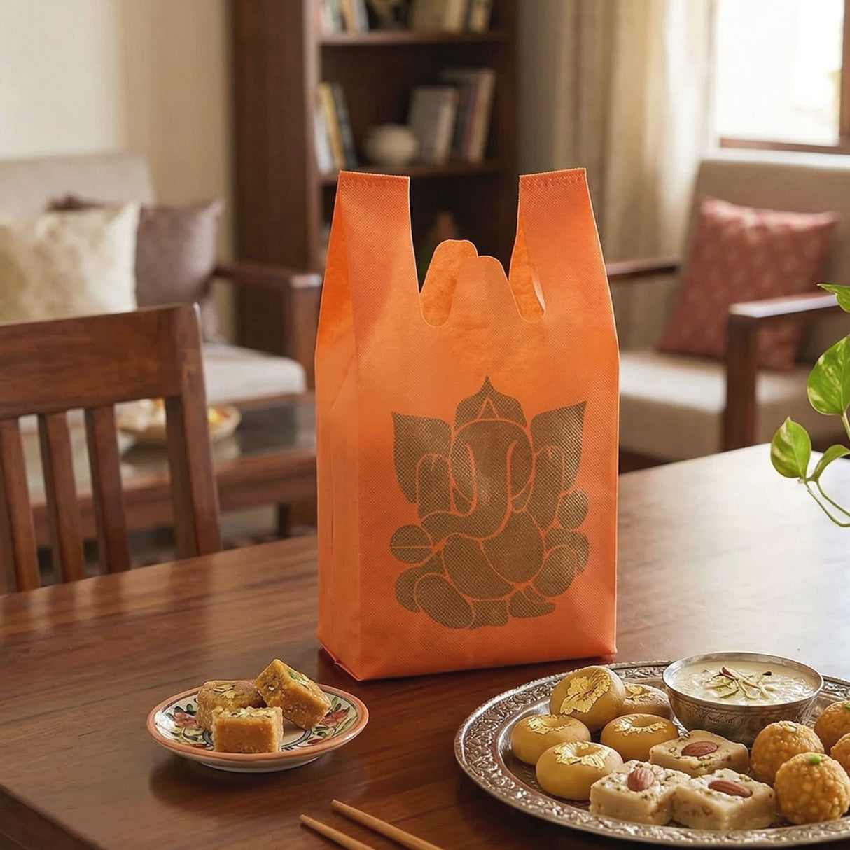 Orange reusable non woven shopping bag with ganesha print ideal for Indian wedding party favor gifts and puja events