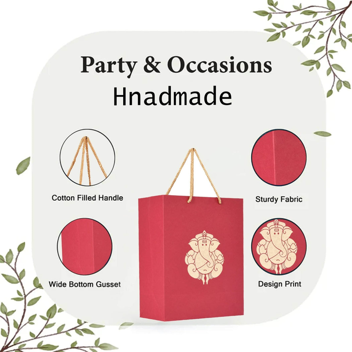 Ganesha Paper Carry Bags Party Favor Gift Bag for Goodie Wedding Ganesh Chaturthi Puja Return Gifts - 8x4x10 Inch - LoveNspire