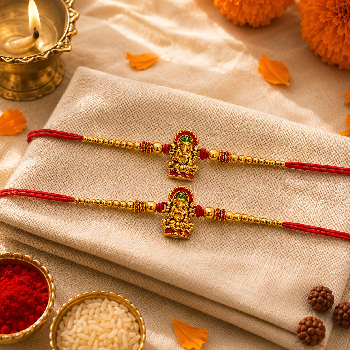 Two golden ganesha-themed rakhi bracelets with red adjustable thread and beads for raksha bandhan gift