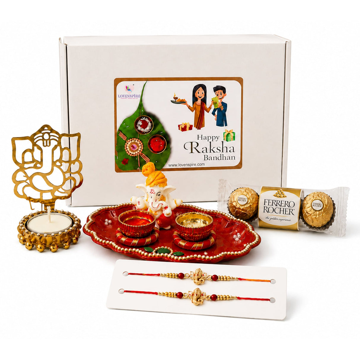 Red ornate tray with gold trim and decorative beads featuring two small bowls for ritual offerings in ganesha gift hamper set