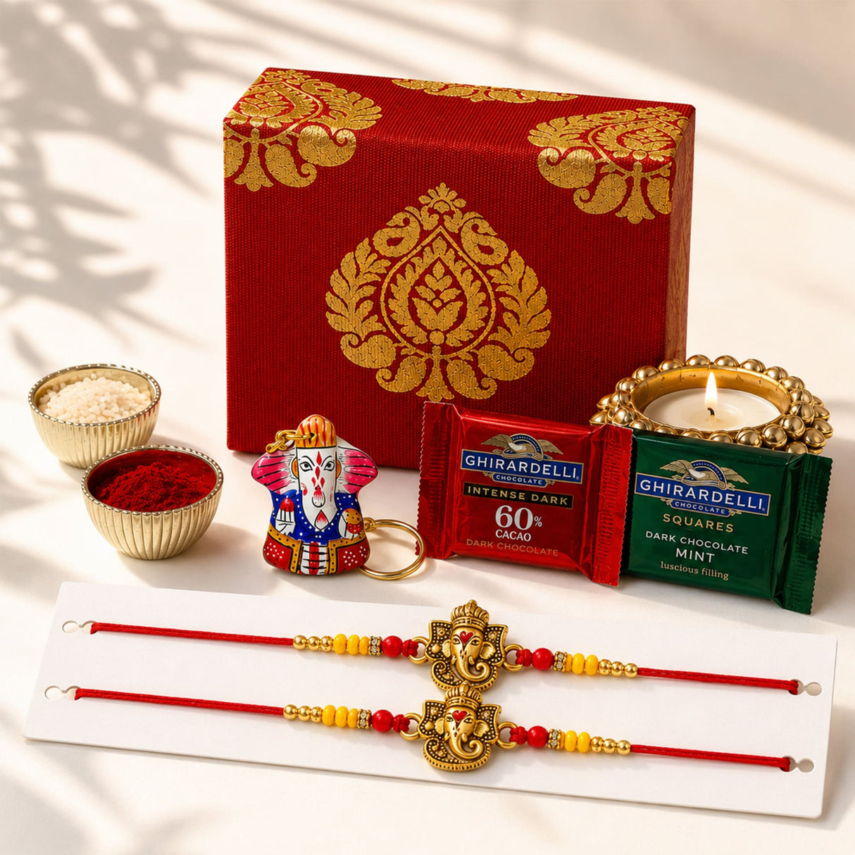 Red and gold ornate brocade gift box with intricate paisley patterns for raksha bandhan hamper for brother and bhabhi