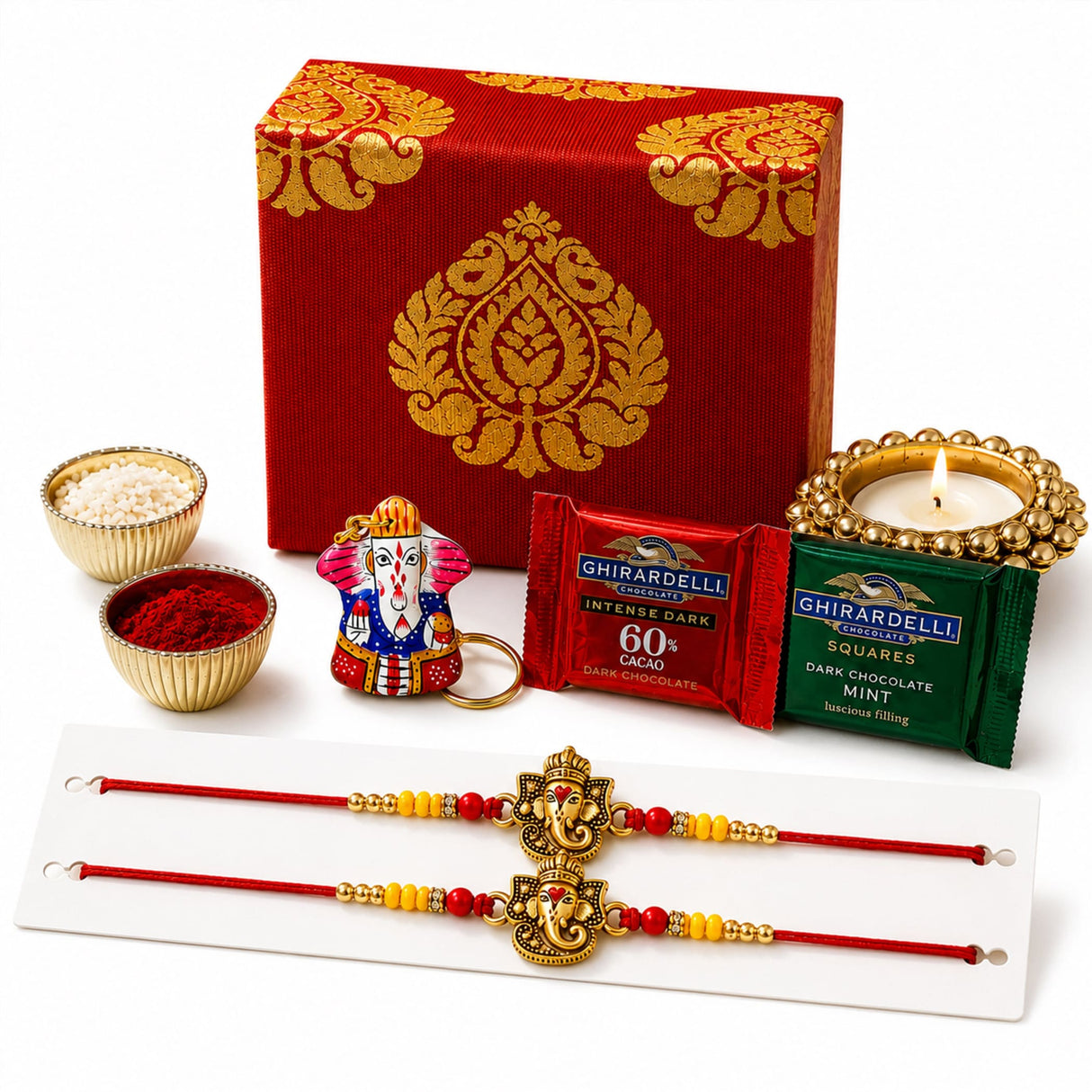 Red and gold ornate brocade gift box with intricate damask pattern for raksha bandhan hamper for brother and bhabhi