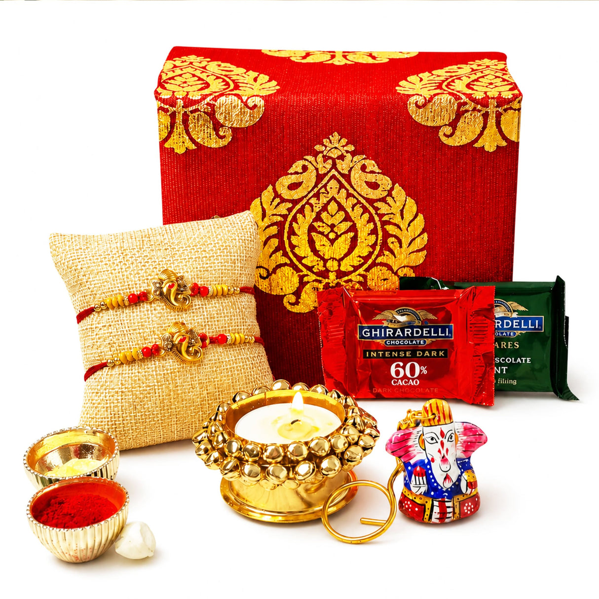 Gold-colored ornate diya candle holder with decorative beads from raksha bandhan brocade gift box hamper for brother and bhabhi