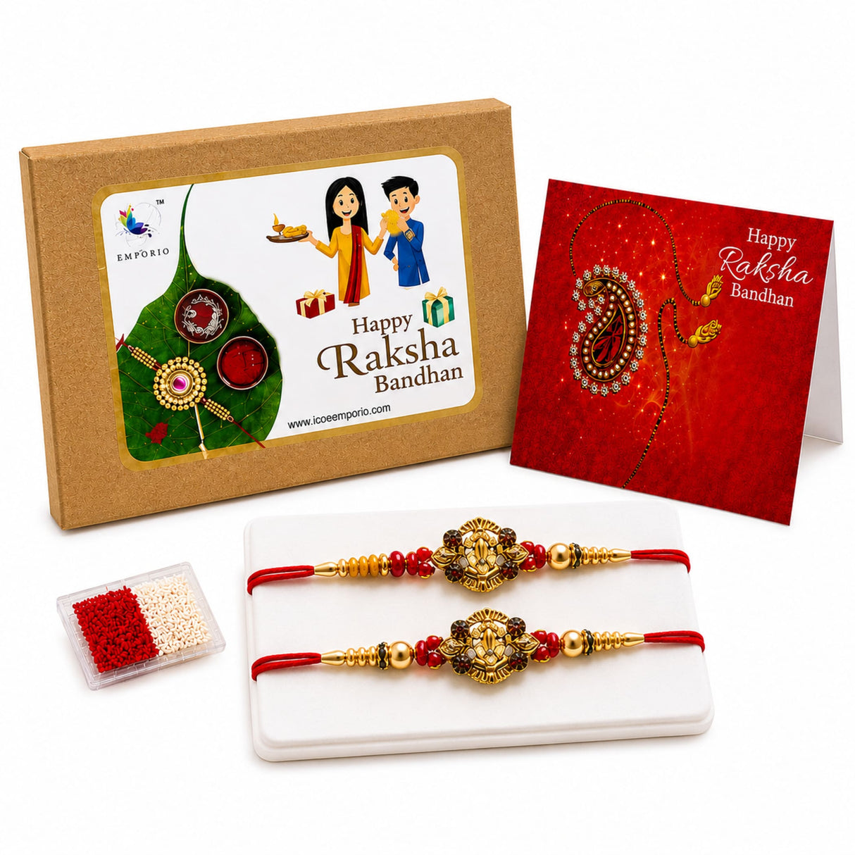 Gold-colored ganesh rakhi with red thread and intricate beadwork in a traditional handmade bracelet set for brother and bhabhi