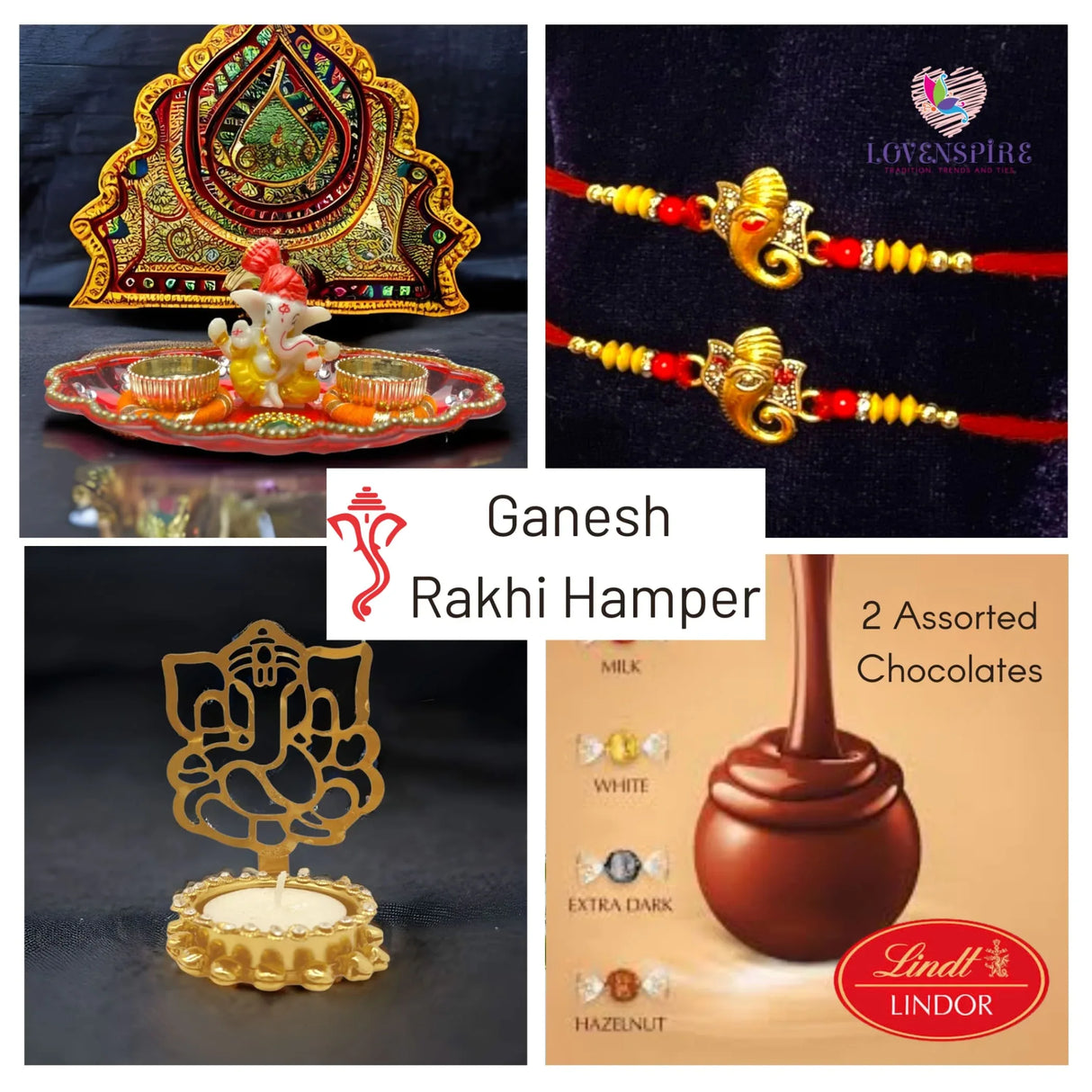 Ganesha Rakhi Gift Hamper with Gift Box Set of 2 Rakhi with Traditional Puja Plate Roli Chawal Candle Holder - Raksha Bandhan Bracelet Rakhi for Brother Bhai Bhabhi Sister-In-Law - LoveNspire