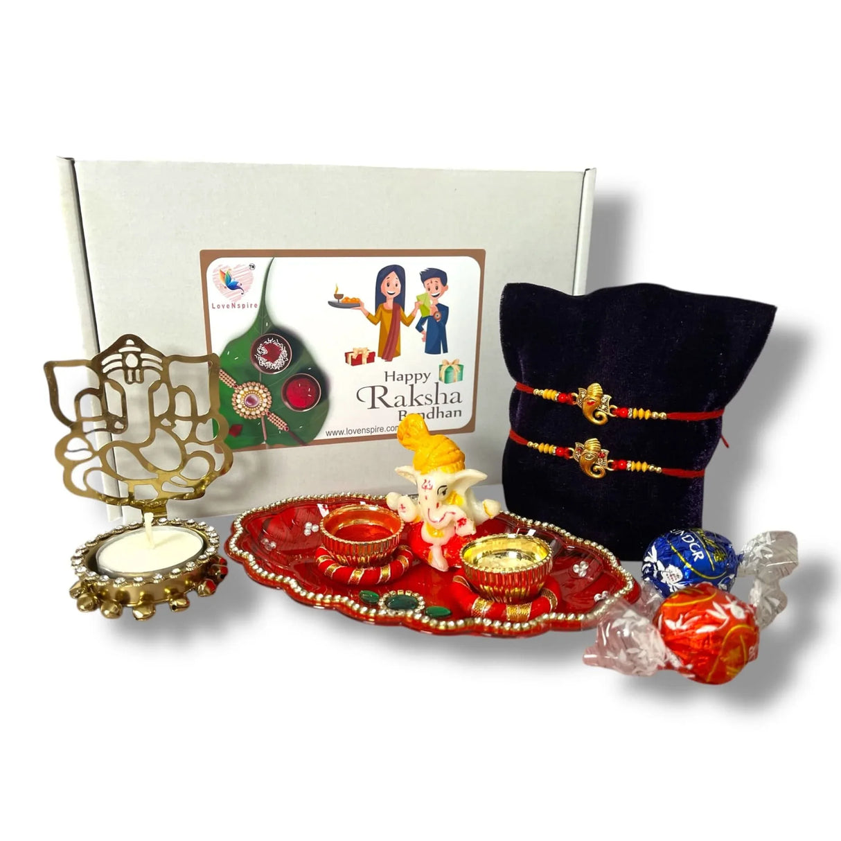 Ganesha Rakhi Gift Hamper with Gift Box Set of 2 Rakhi with Traditional Puja Plate Roli Chawal Candle Holder - Raksha Bandhan Bracelet Rakhi for Brother Bhai Bhabhi Sister-In-Law - LoveNspire
