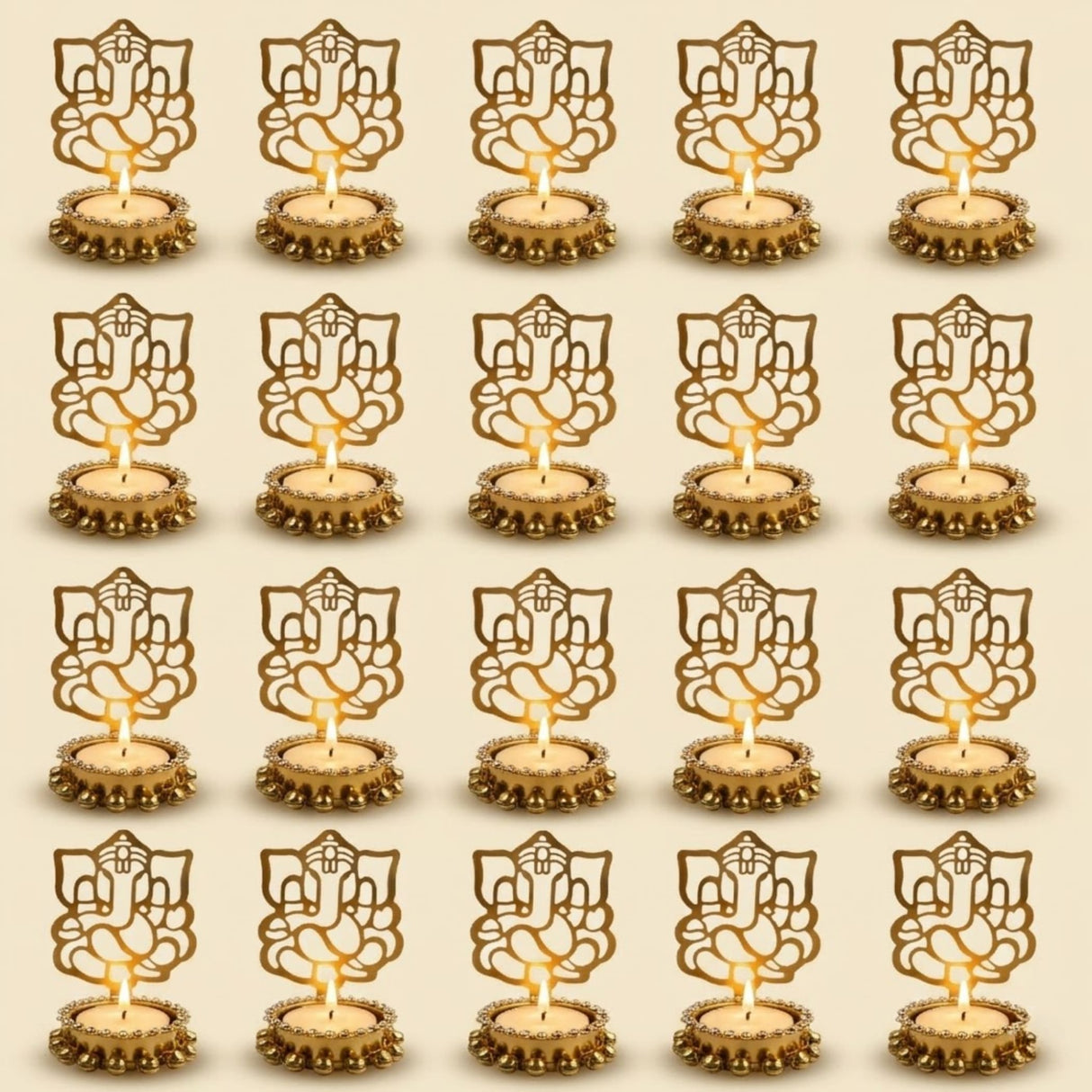 Golden ganesha shadow diya tea light candle holder with intricate cut-out designs and small bells for diwali decor