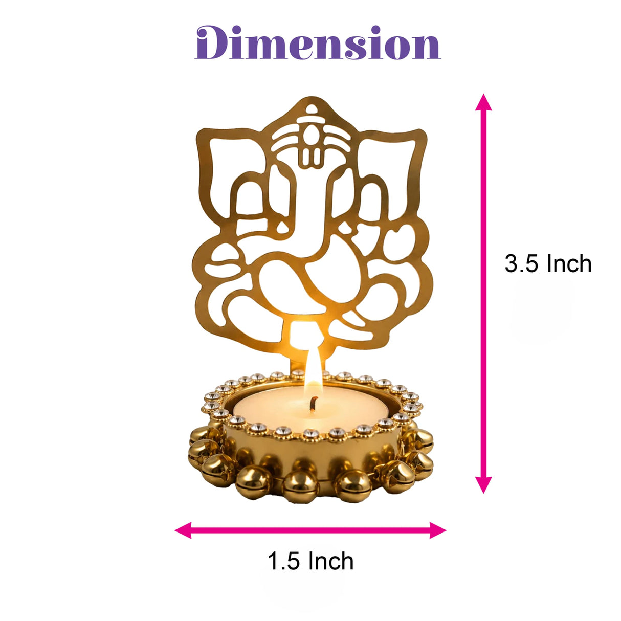 Gold-colored ganesha-themed shadow diya candle holder with intricate cutout design and beaded edge for diwali decor