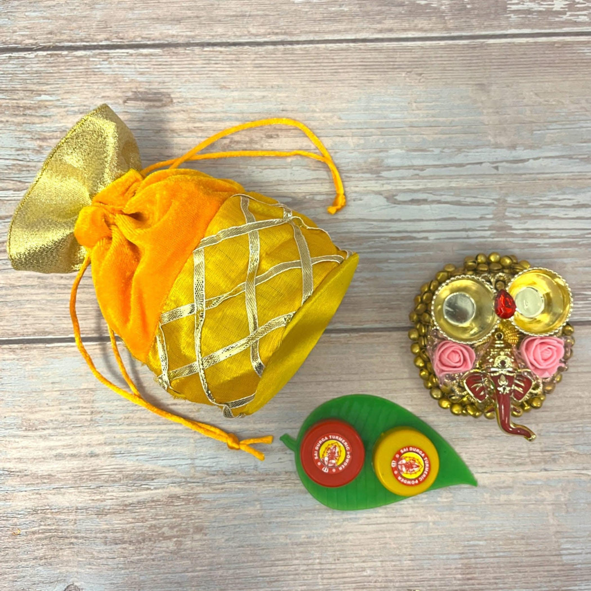 Ganesha Gift Hamper Hindu Religious Ganesh Chaturthi Diwali Teej Sankranti Puja Housewarming Return Gifts - Velvet Potli Bags Haldi Kumkum Packet & Ganesha Haldi Kumkum Holder - LoveNspire