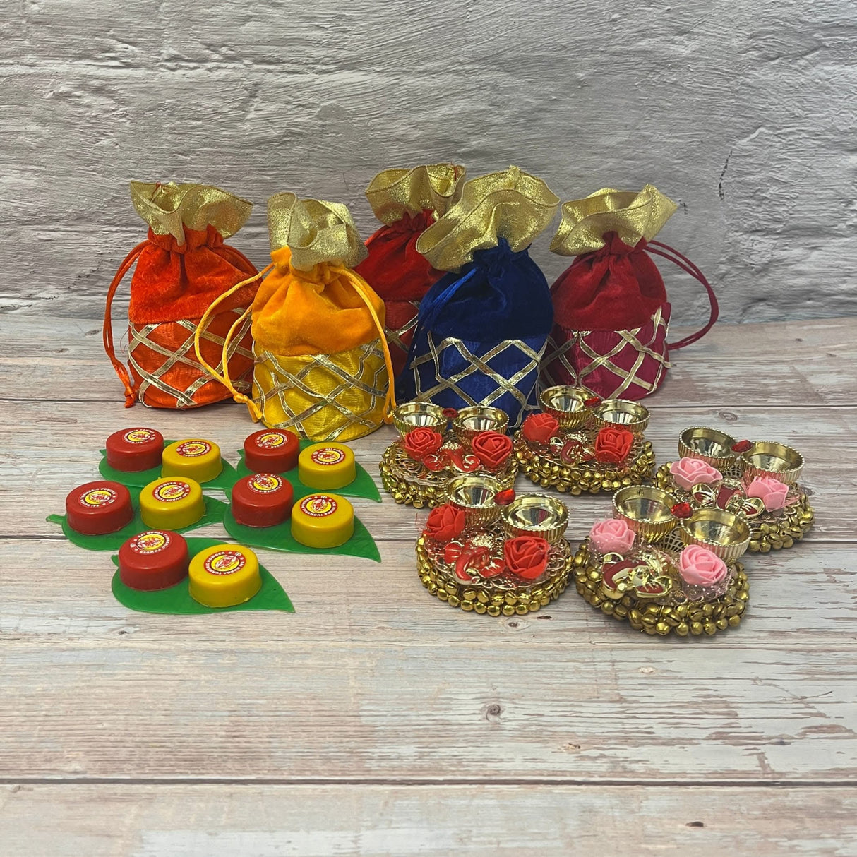 Ganesha Gift Hamper Hindu Religious Ganesh Chaturthi Diwali Teej Sankranti Puja Housewarming Return Gifts - Velvet Potli Bags Haldi Kumkum Packet & Ganesha Haldi Kumkum Holder - LoveNspire