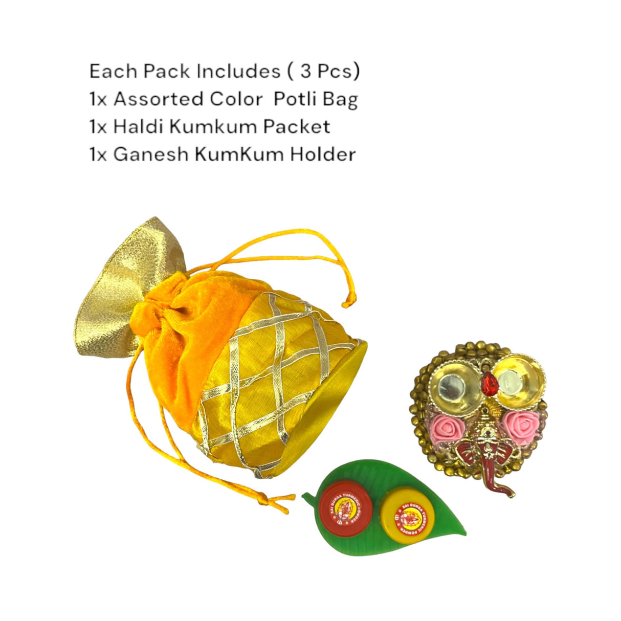 Ganesha Gift Hamper Hindu Religious Ganesh Chaturthi Diwali Teej Sankranti Puja Housewarming Return Gifts - Velvet Potli Bags Haldi Kumkum Packet & Ganesha Haldi Kumkum Holder - LoveNspire