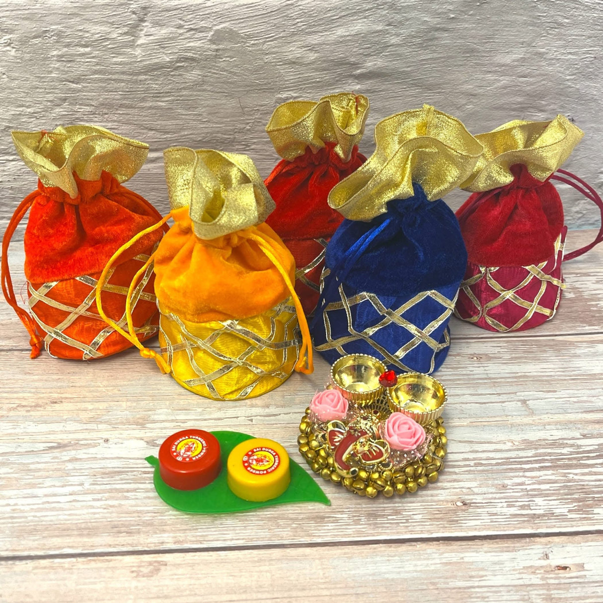 Ganesha Gift Hamper Hindu Religious Ganesh Chaturthi Diwali Teej Sankranti Puja Housewarming Return Gifts - Velvet Potli Bags Haldi Kumkum Packet & Ganesha Haldi Kumkum Holder - LoveNspire