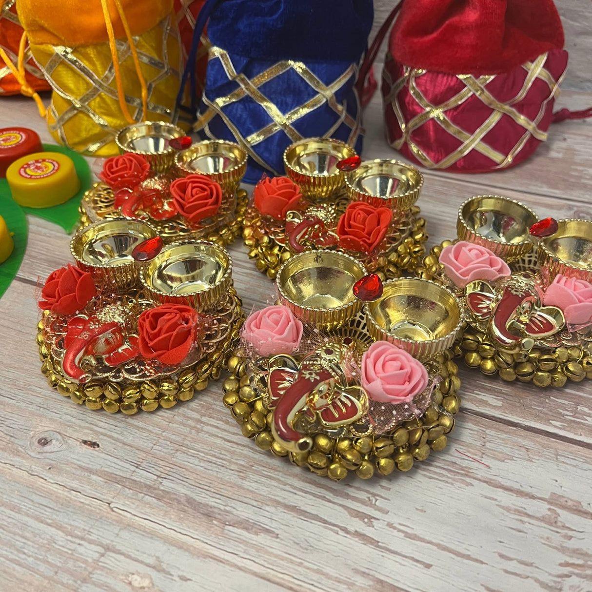 Ganesha Gift Hamper Hindu Religious Ganesh Chaturthi Diwali Teej Sankranti Puja Housewarming Return Gifts - Velvet Potli Bags Haldi Kumkum Packet & Ganesha Haldi Kumkum Holder - LoveNspire