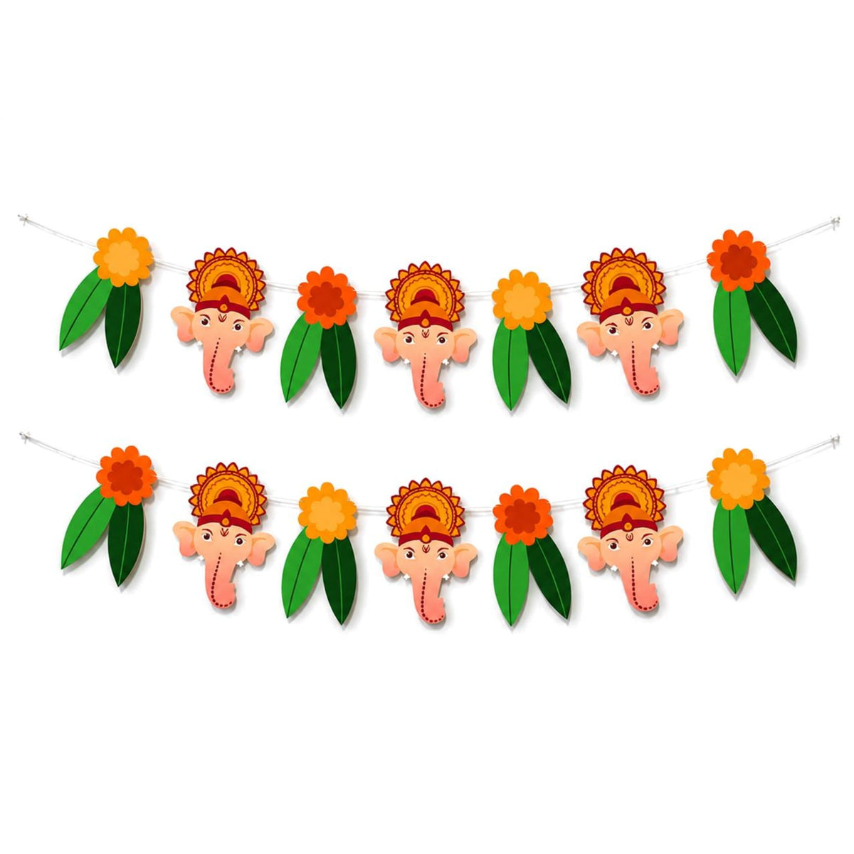 A festive two-row ganesh chathurti banner featuring cartoon ganesha heads with orange crowns and green leaves for indoor outdoor decoration