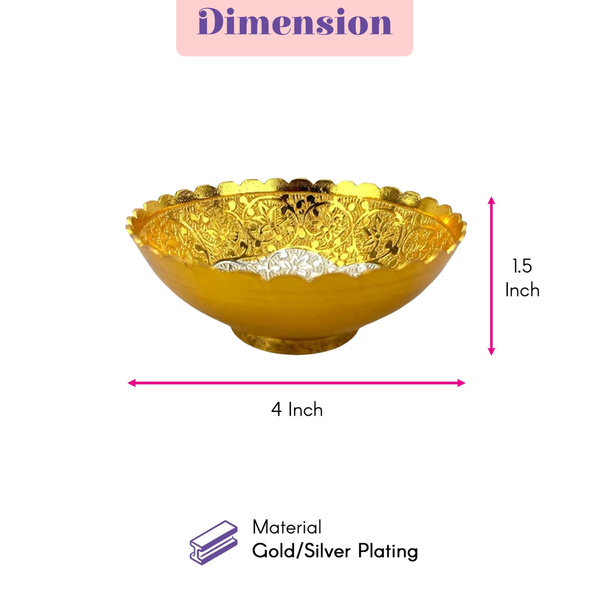 Gold silver plated decorative bowl with intricate floral embossing scalloped rim and contrasting silver interior for serving