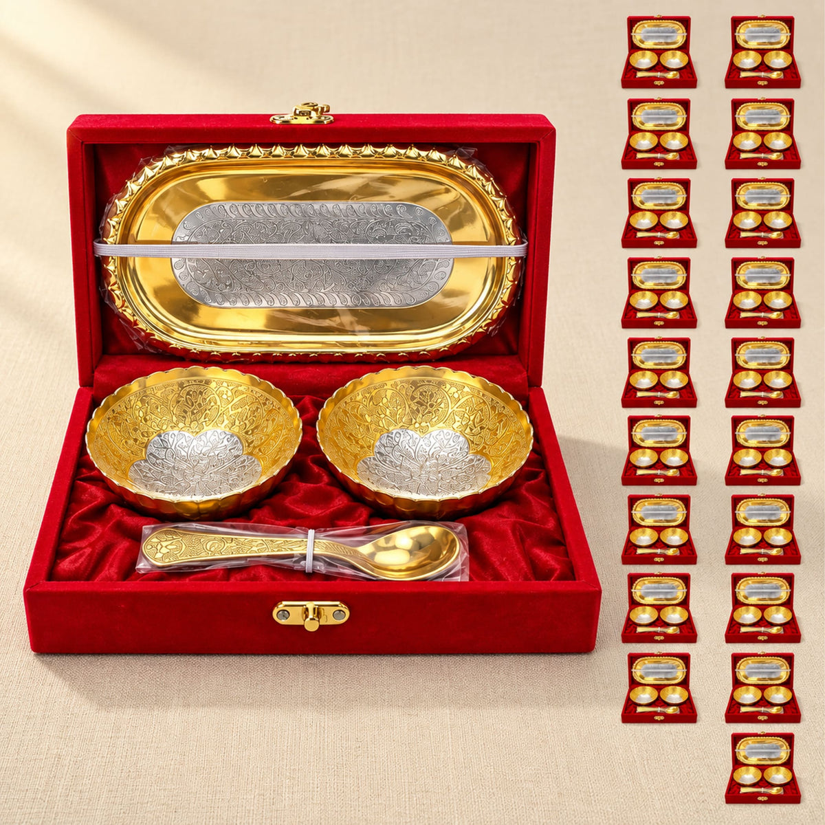 Gold and silver ornate 5-piece german silver bowls spoon and tray set in red velvet box for pooja and festive gifts