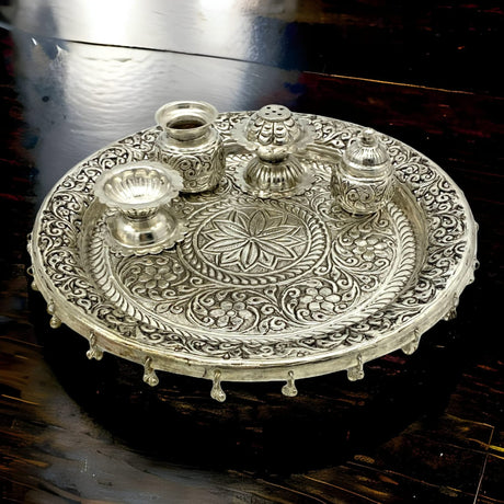 Indian German Silver Pooja Thali Set, Diya Aarti Plate, Haldi Kumkum Thali, Diwali Gift, Silver Puja Items, Hindu Mandir, Navrathri , Shivrathri - LoveNspire