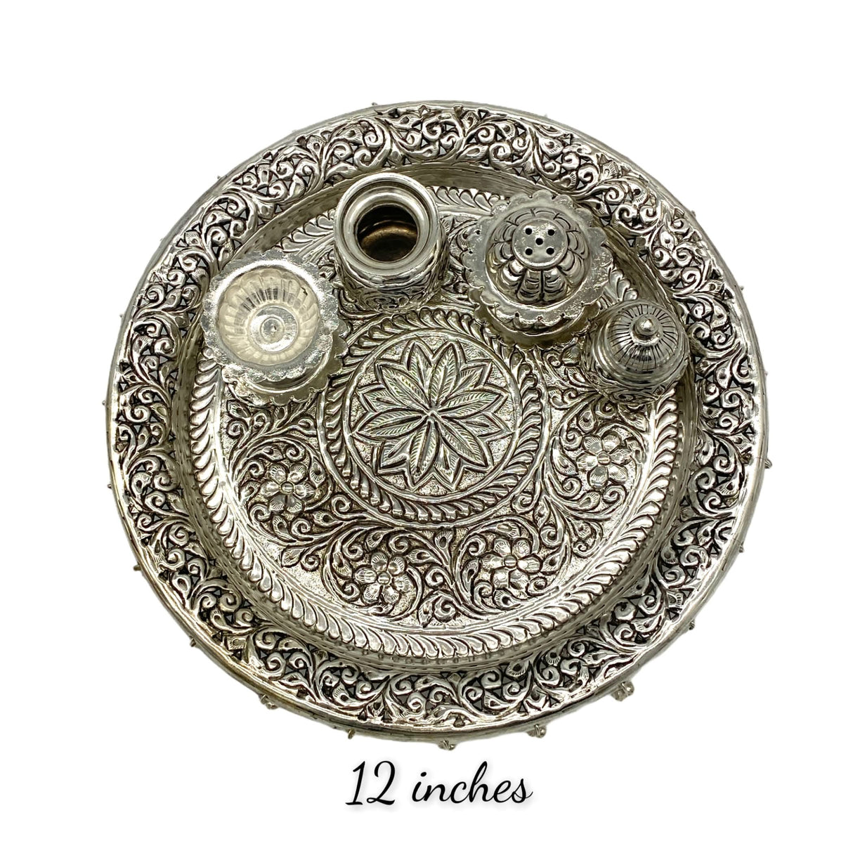 Indian German Silver Pooja Thali Set, Diya Aarti Plate, Haldi Kumkum Thali, Diwali Gift, Silver Puja Items, Hindu Mandir, Navrathri , Shivrathri - LoveNspire