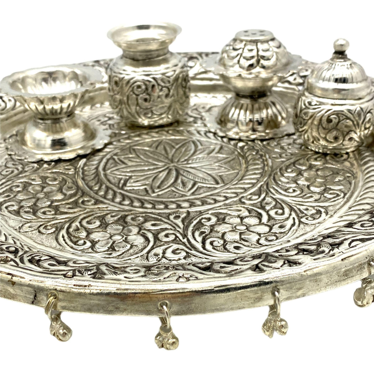 Indian German Silver Pooja Thali Set, Diya Aarti Plate, Haldi Kumkum Thali, Diwali Gift, Silver Puja Items, Hindu Mandir, Navrathri , Shivrathri - LoveNspire