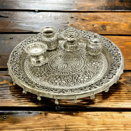 Indian German Silver Pooja Thali Set, Diya Aarti Plate, Haldi Kumkum Thali, Diwali Gift, Silver Puja Items, Hindu Mandir, Navrathri , Shivrathri - LoveNspire