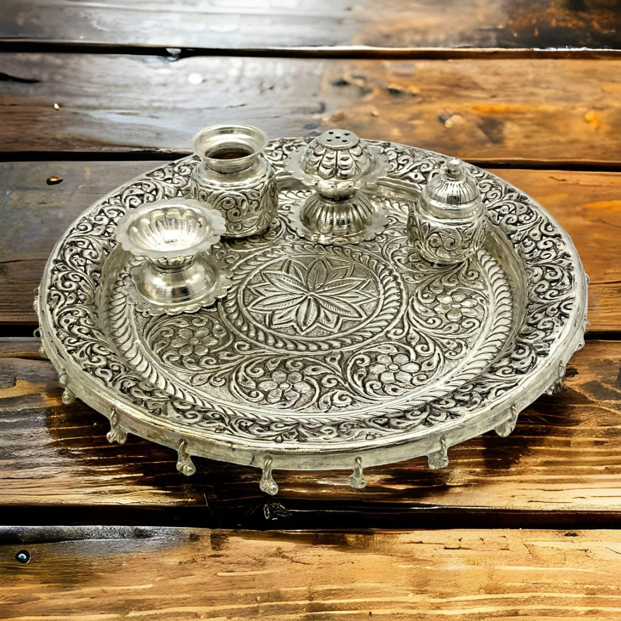 Indian German Silver Pooja Thali Set, Diya Aarti Plate, Haldi Kumkum Thali, Diwali Gift, Silver Puja Items, Hindu Mandir, Navrathri , Shivrathri - LoveNspire