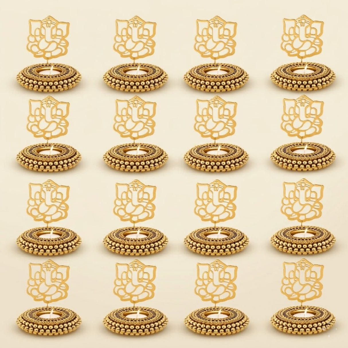 Golden ganesha-themed tealight candle holders with intricate beadwork and ornate detailing for festive home decor