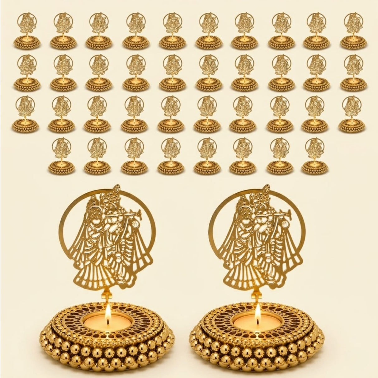 Golden ornate tealight candle holders with intricate lord krishna and radha designs and beaded bases for festive decor