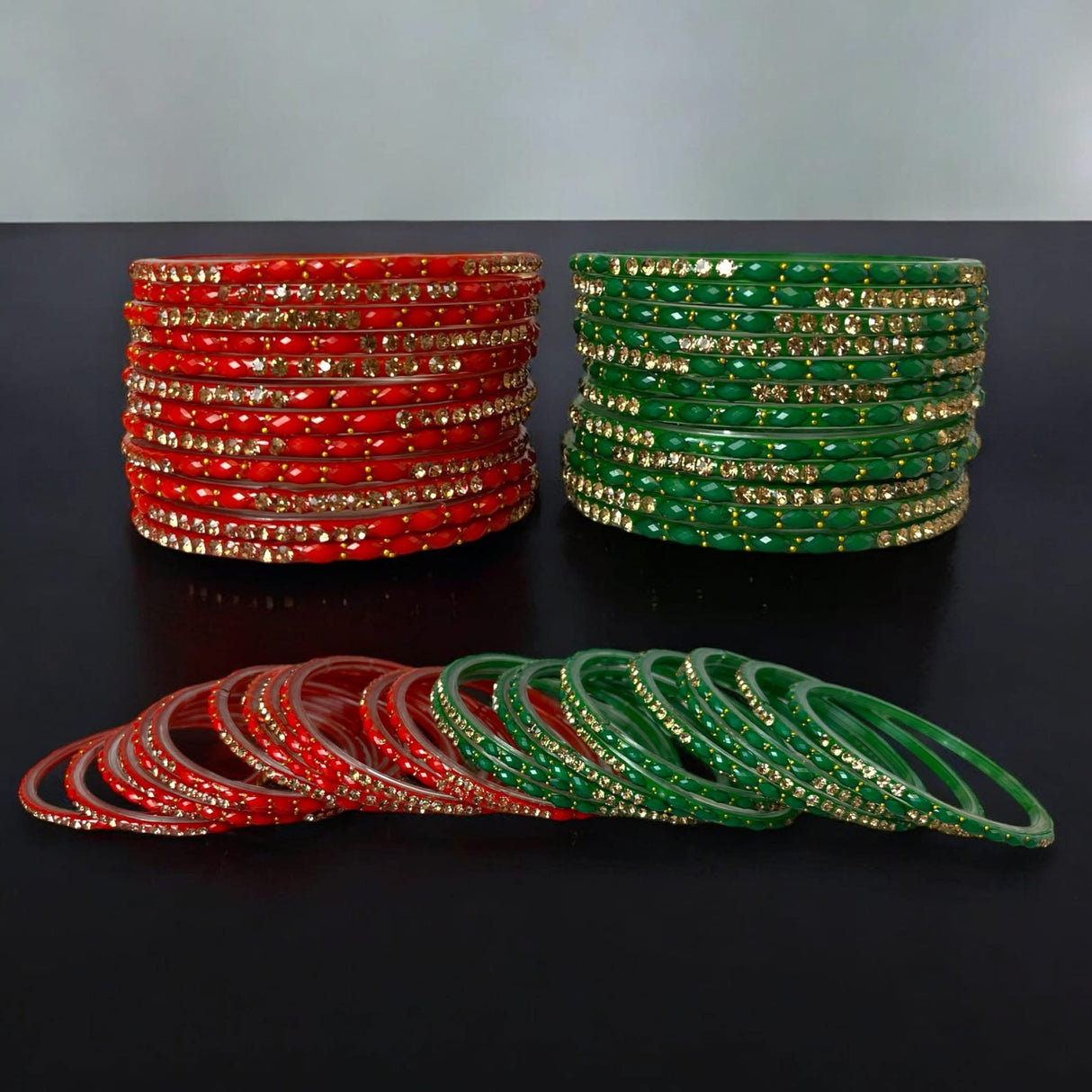 Red and green jeweled glass bangles set for Indian ethnic dailywear and wedding attire