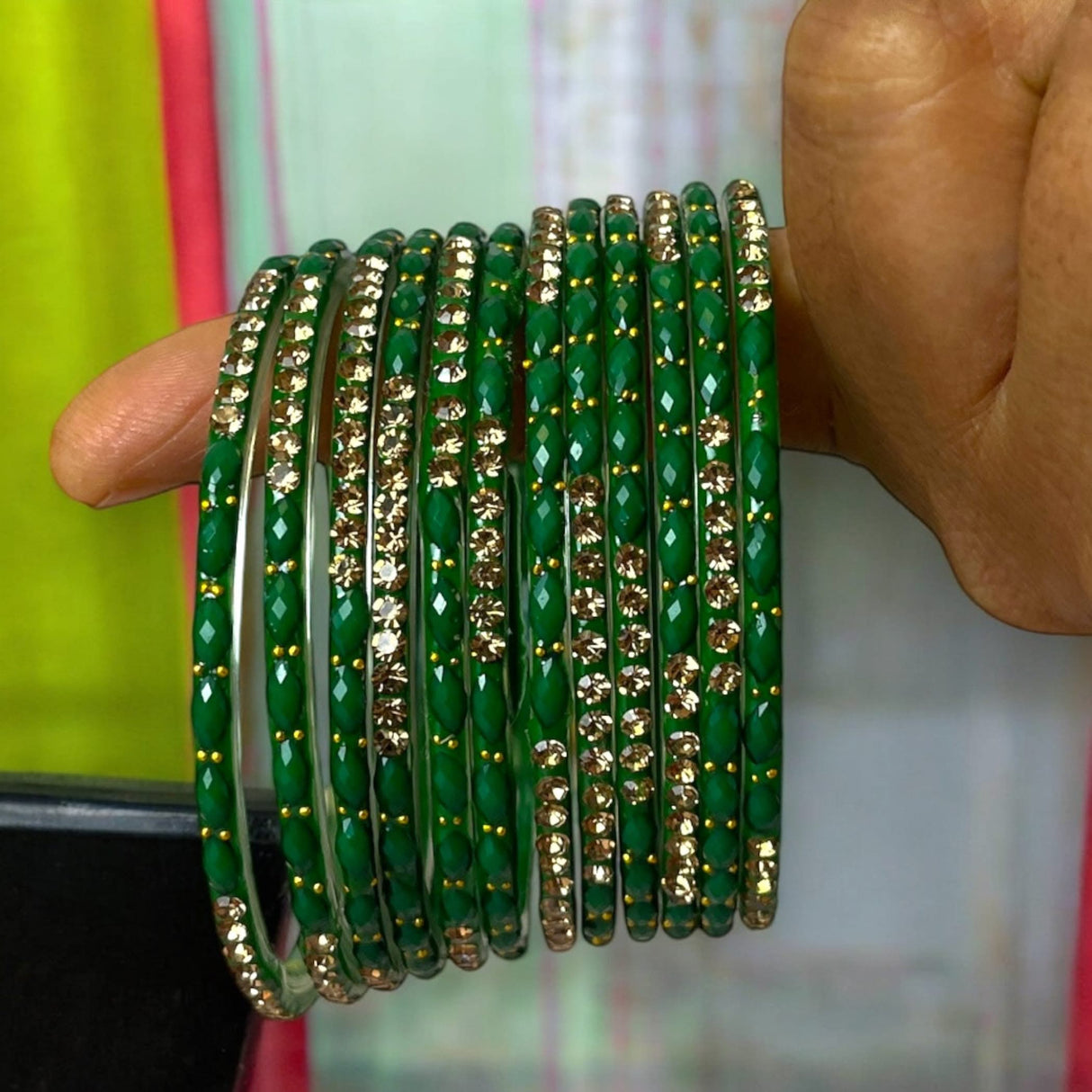 Green and gold glass bangles set for Indian ethnic jewelry and festive occasions
