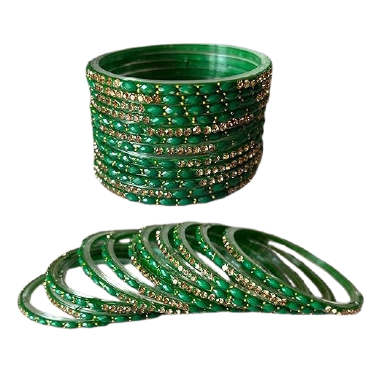Green glass bangles with rhinestones from Indian jewelry set for weddings and festivals