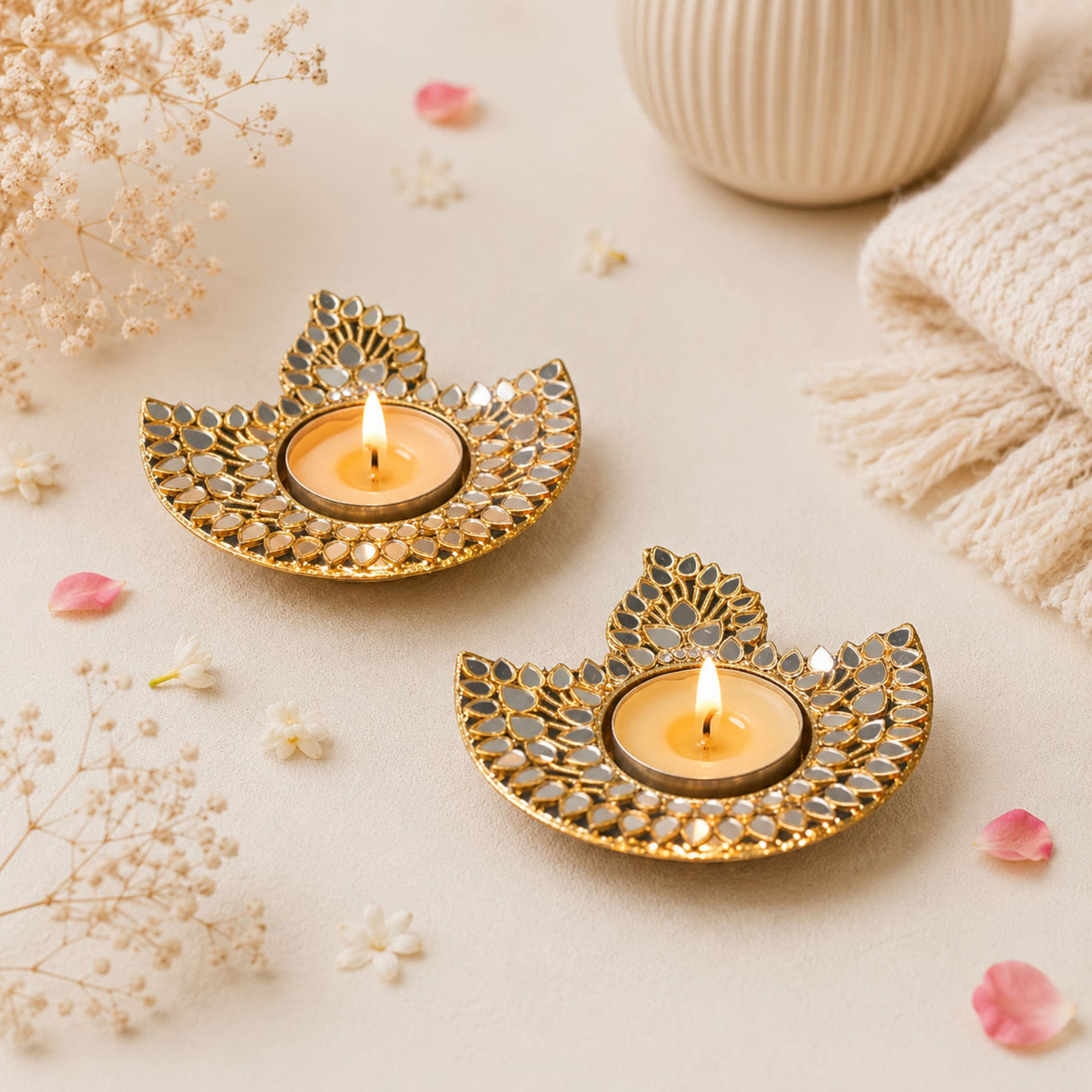 Gold-colored metal diya-shaped candle holder with intricate glass work and mirrored embellishments for diwali decor