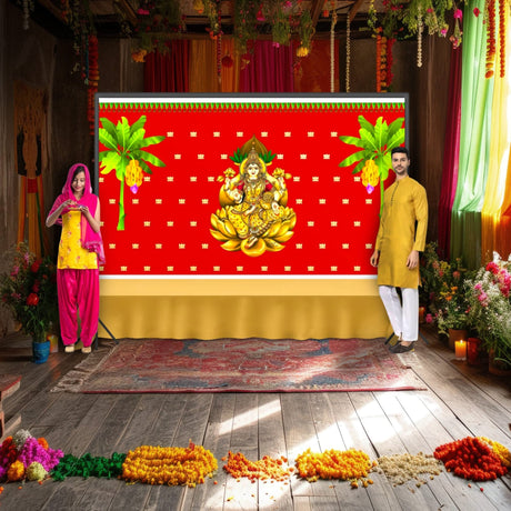 Goddess Laxmi Backdrop 5x8 Feet Indian Traditional Cloth Varalaxmi Vratam Decor Indian Diwali Decor Pooja Wall Decor Indian Wall Art Photo Decor Banner Decorative Cloth Navratri Decor - LoveNspire