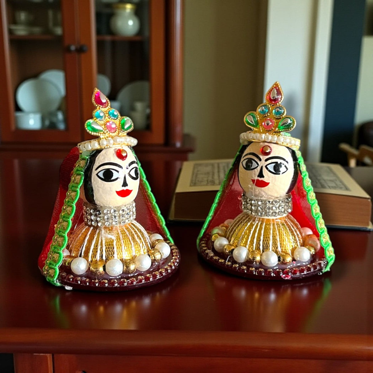 2.5-inch Riddhi Siddhi goddess ceramic idols in red-gold traditional attire