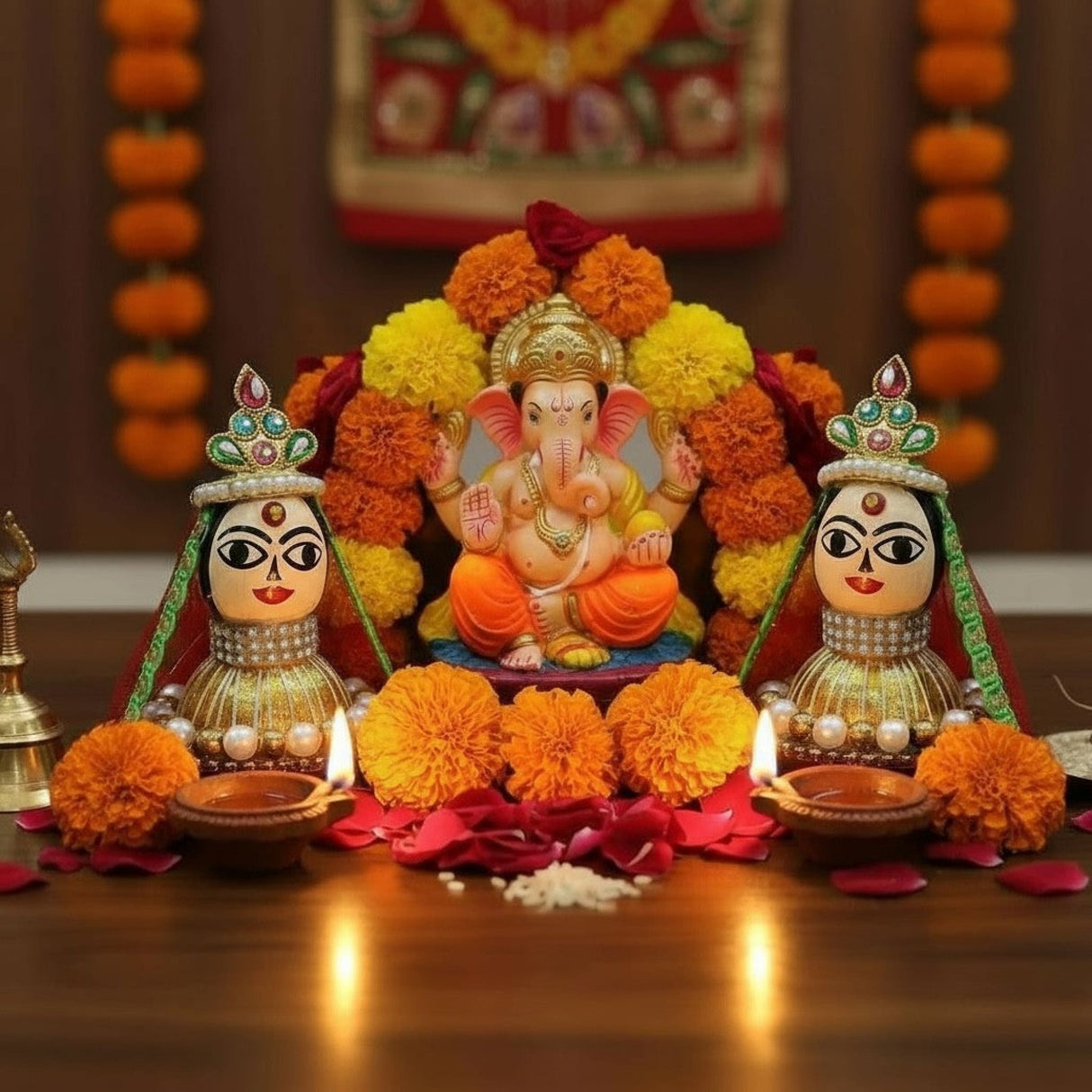 Orange marigold garland with Riddhi Siddhi idols for Diwali decor