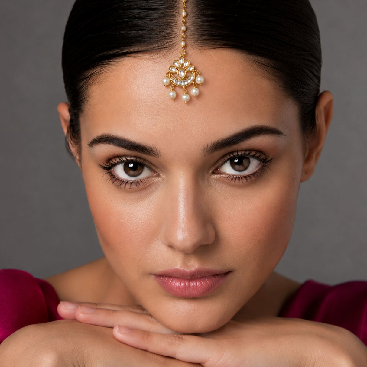 Chand tikka gold-plated traditional maang tikka with white pearls and floral detailing for bridal forehead jewelry