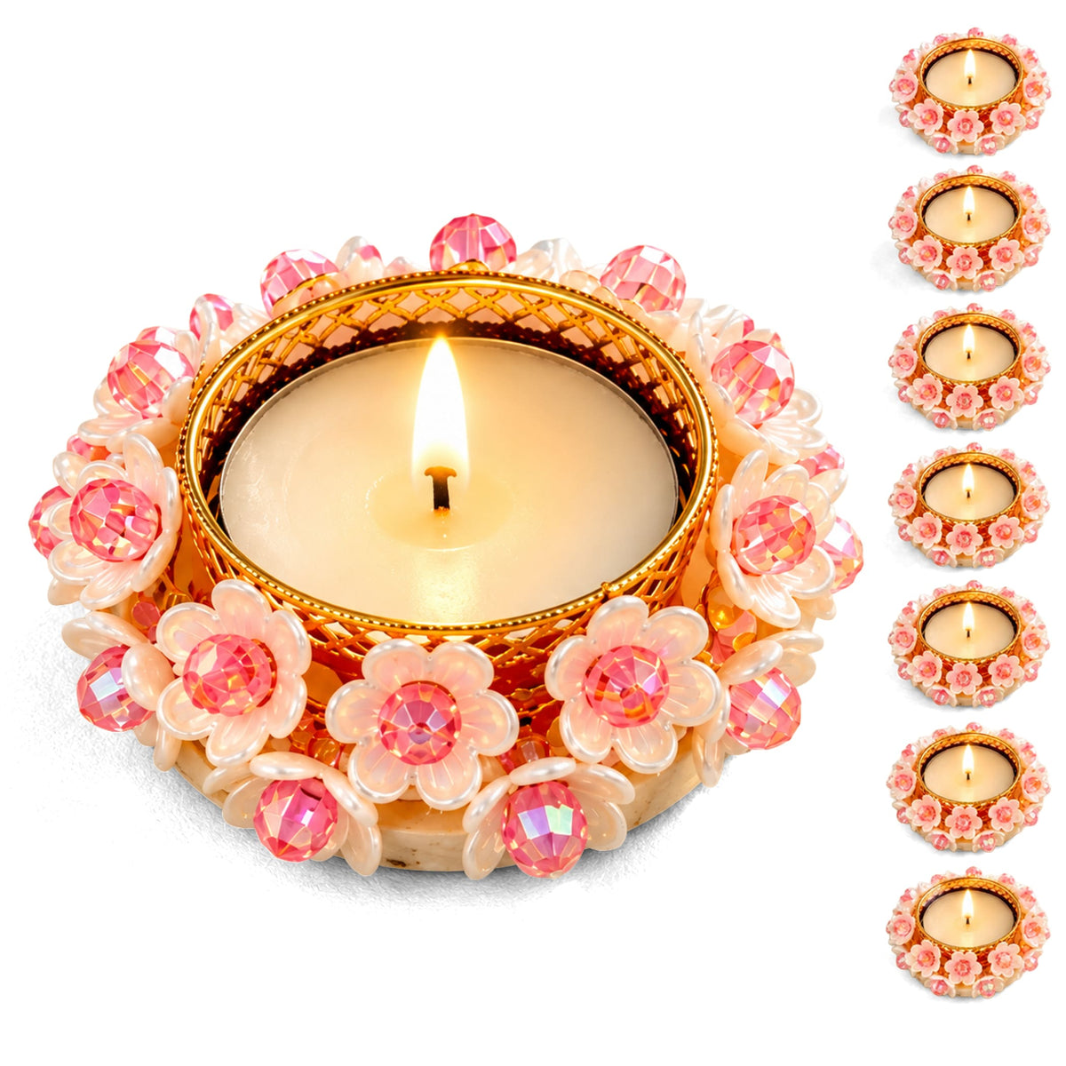 Decorative round gold-tone tealight candle holder with pink floral design crystal accents for weddings and home decor