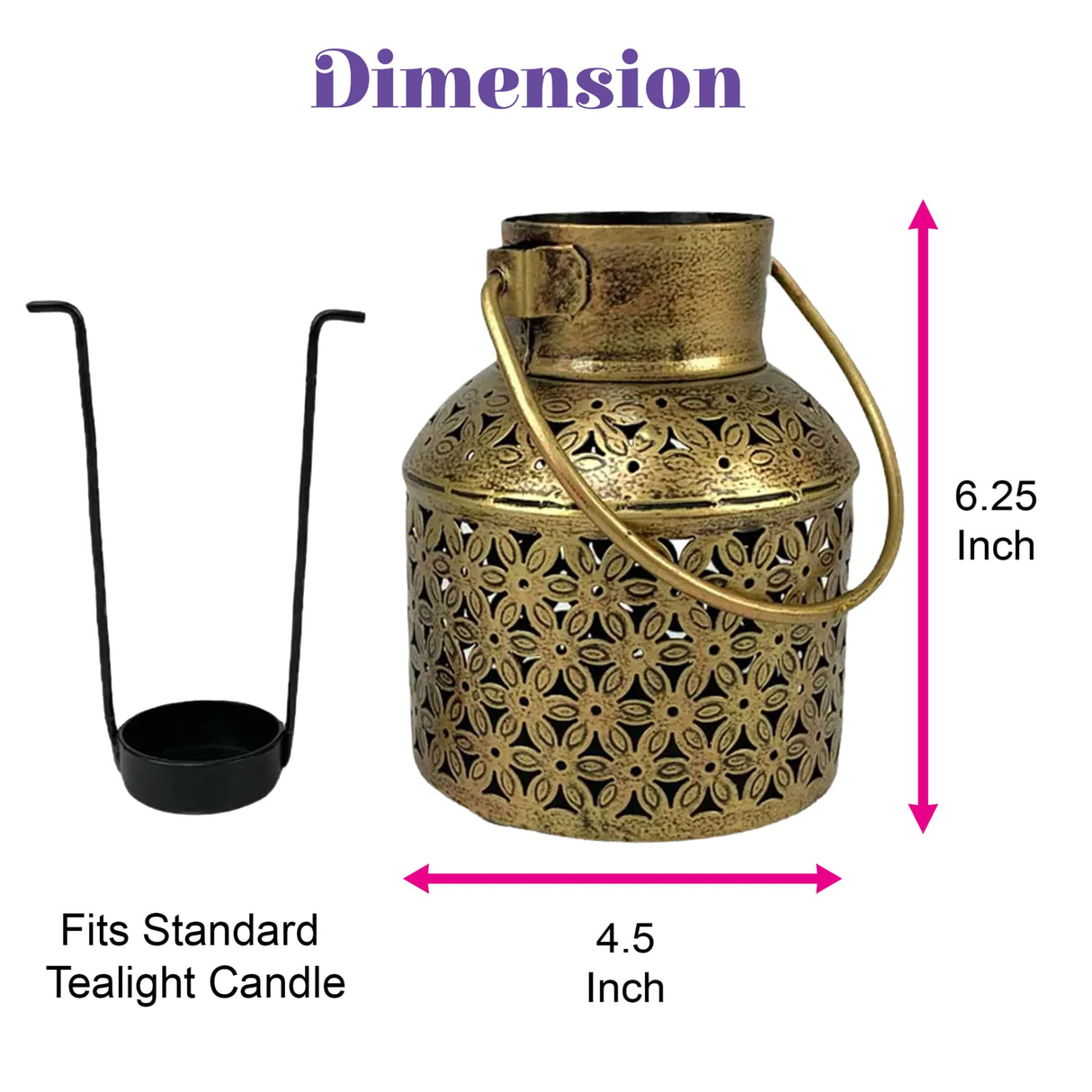 Gold-colored metal antique iron lantern with intricate floral cutouts and curved handle for Diwali pooja and home decor