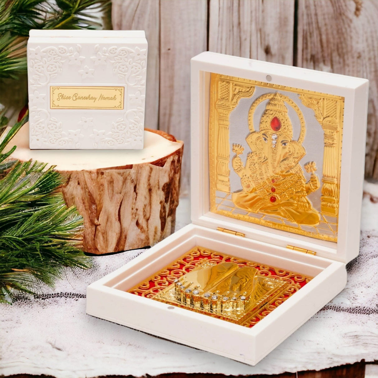Gold Plated Ganesha Photo Frame with Charan Paduka for Diwali Housewarming Indian Wedding Return Gift Worship Pooja Room Decor Hindu Religious Devotional Paduka Prayer Box Good Luck Gift - LoveNspire
