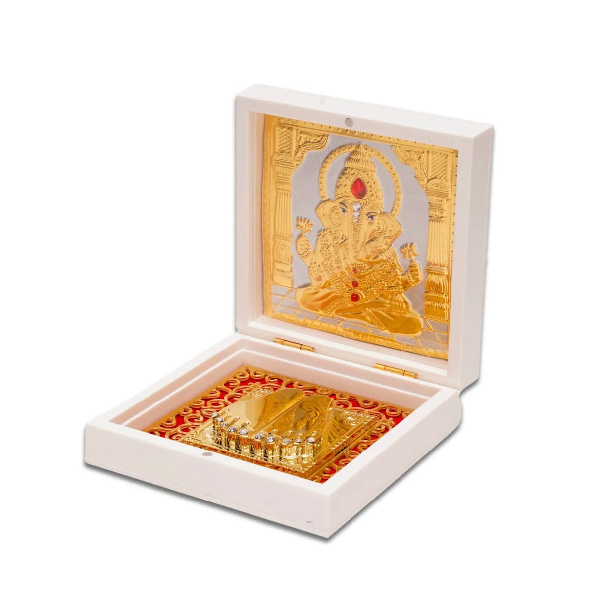 Gold Plated Ganesha Photo Frame with Charan Paduka for Diwali Housewarming Indian Wedding Return Gift Worship Pooja Room Decor Hindu Religious Devotional Paduka Prayer Box Good Luck Gift - LoveNspire