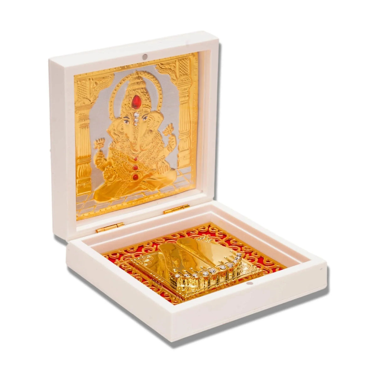 Gold Plated Ganesha Photo Frame with Charan Paduka for Diwali Housewarming Indian Wedding Return Gift Worship Pooja Room Decor Hindu Religious Devotional Paduka Prayer Box Good Luck Gift - LoveNspire
