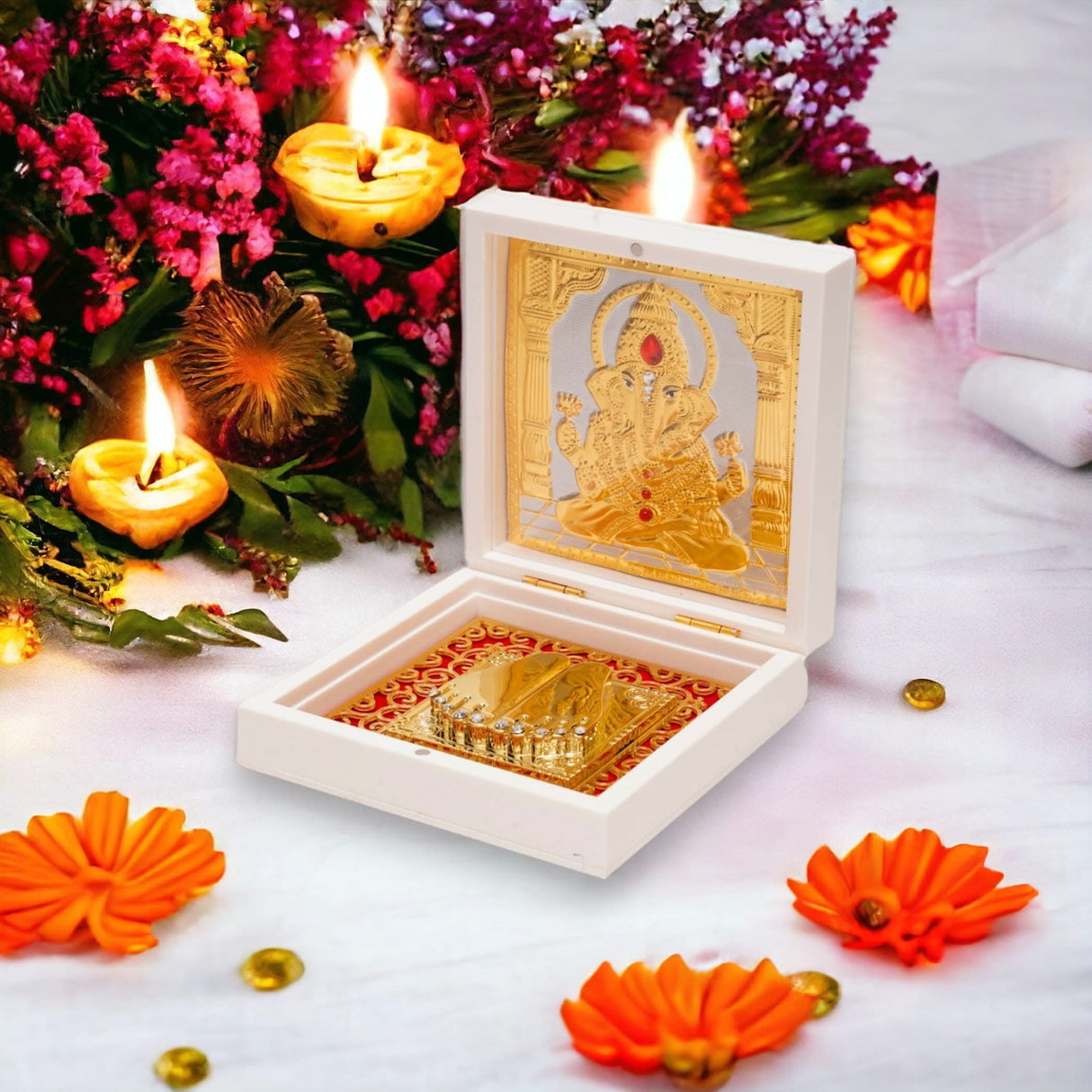 Gold Plated Ganesha Photo Frame with Charan Paduka for Diwali Housewarming Indian Wedding Return Gift Worship Pooja Room Decor Hindu Religious Devotional Paduka Prayer Box Good Luck Gift - LoveNspire
