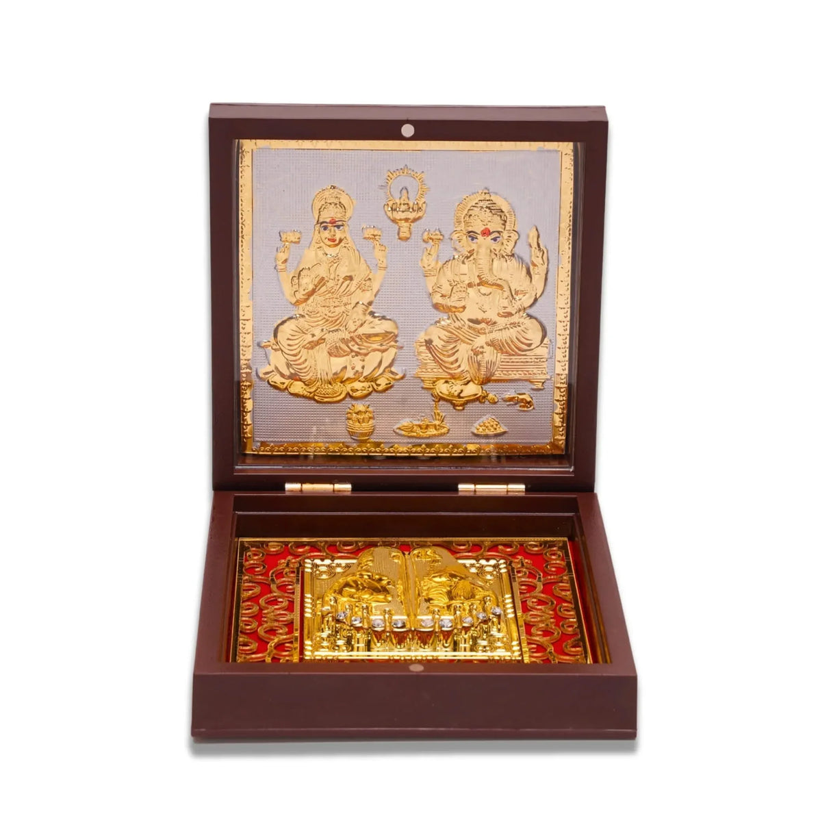 Gold Plated Laxmi Ganesh Photo Frame with Charan Paduka for Diwali Housewarming Return Gift Worship Pooja Room Decor Hindu God Religious Devotional Paduka Prayer Box Momento Prosperity Gift - LoveNspire
