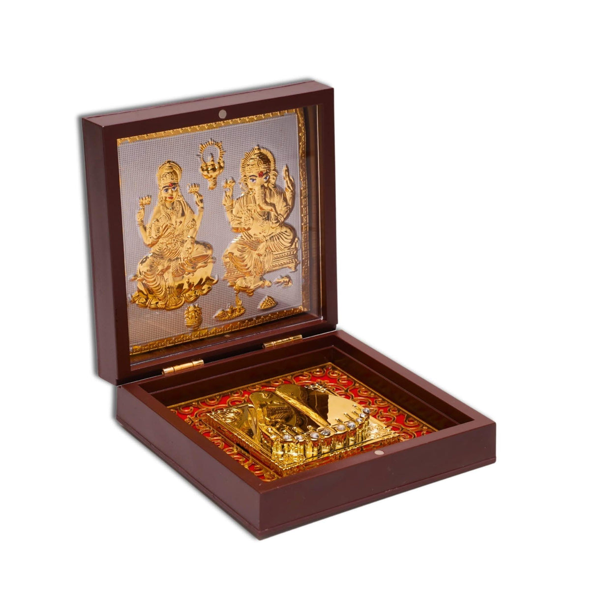 Gold Plated Laxmi Ganesh Photo Frame with Charan Paduka for Diwali Housewarming Return Gift Worship Pooja Room Decor Hindu God Religious Devotional Paduka Prayer Box Momento Prosperity Gift - LoveNspire